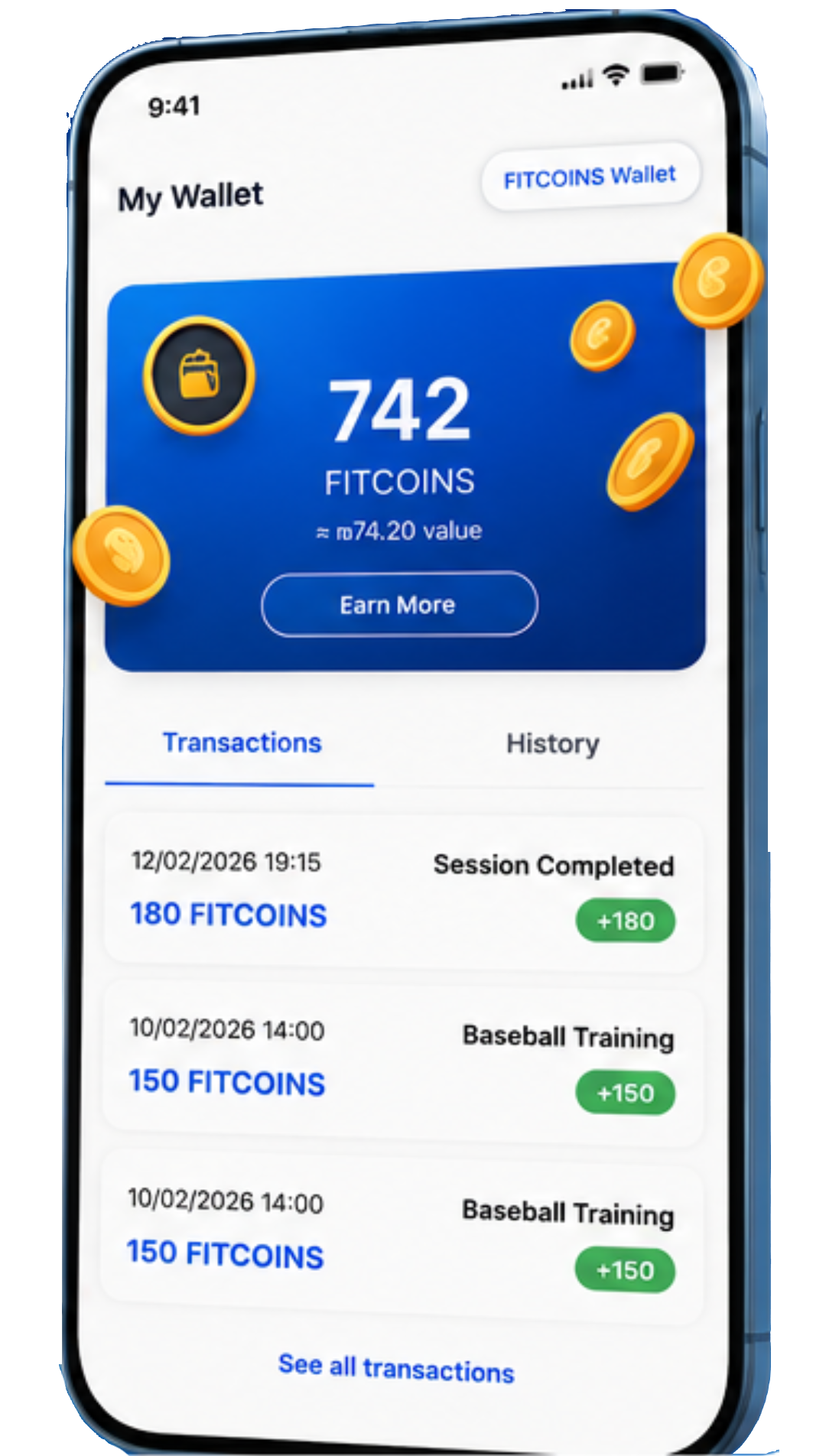 ארנק FitCoins באפליקציה